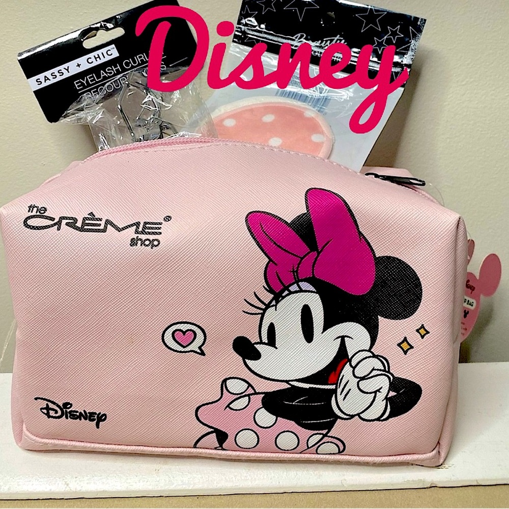 NWT Creme “Minnie & Minnie”, Pink, Large, Zip Makeup Bag. With 2 Free Gifts
